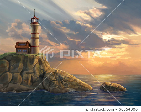 Lighthouse at sunset - Stock Illustration [68354306] - PIXTA