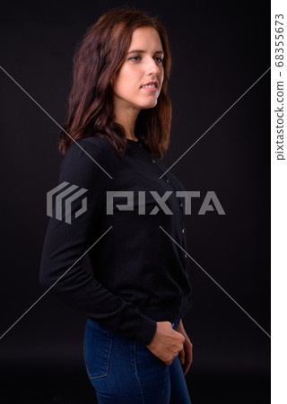 Portrait of happy young beautiful woman with brown hair Portrait of happy young beautiful woman with brown hair 68355673