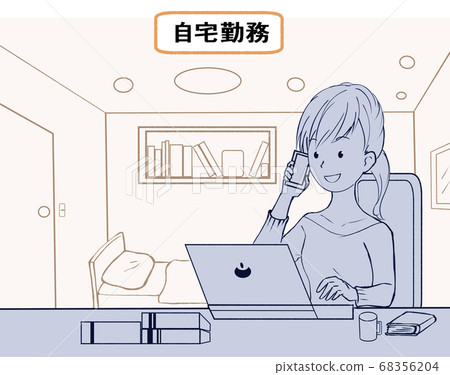 Woman Teleworking, Business, Working from Home, Lineart 68356204