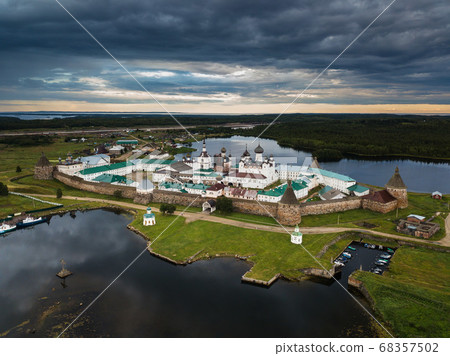 Panoramic landscape photo of the Solovetsky Monastery from a bird's-eye view. Russia, Arkhangelsk region, Solovetsky Islands 68357502