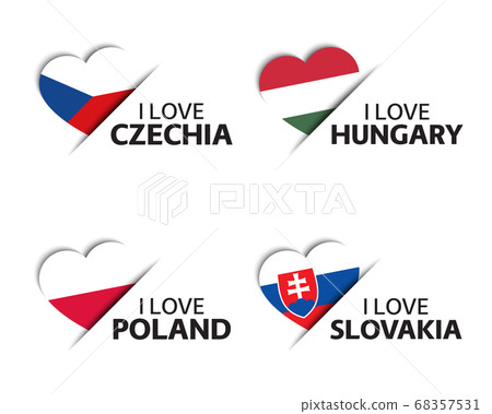 Set of four Czech, Hungarian, Polish and Slovak heart shaped stickers. I love Czech Republic 68357531