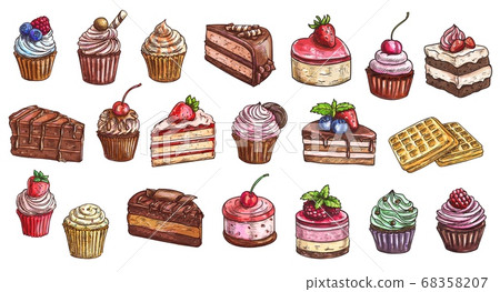 Cakes, cheesecakes, dessert sweets cupcakes sketch Cakes, cheesecakes, dessert sweets cupcakes sketch 68358207