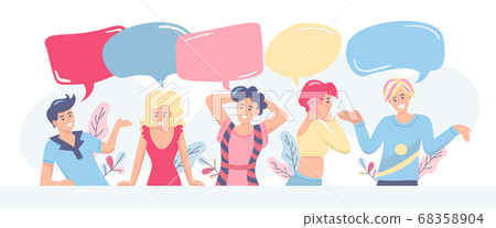 Communication, discussion, feedback concept. Group of people with speech bubbles on white background, space for design. Flat vector illustration 68358904