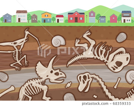 Illustration of the cityscape and the strata filled with dinosaur fossils 68359333