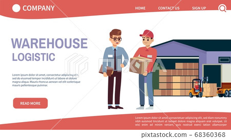 Landing page concept with theme warehouse and logistics. Logistic transportation and forklift, truck delivery loader with boxes, warehouse workers flat cartoon characters 68360368