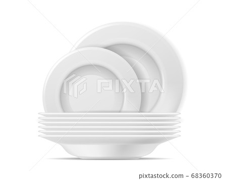 Clean plates. Food white plate set. Realistic stacked tableware after washing, kitchenware for home or cafe, promotion of dishwashing detergent vector 3d isolated illustration 68360370