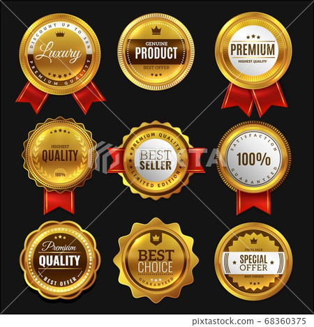 Gold sale badges. Premium golden emblem, luxury genuine and highest quality product badge, best seller offer, round promotion element with ribbon realistic vector set 68360375