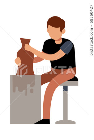 Man making pots with clay. Male character handcrafted ceramic vase in pottery studio, talent sculptor creative profession and hobby vector flat cartoon isolated illustration Man making pots with clay. Male character handcrafted ceramic vase in pottery studio, talent sculptor creative profession and hobby vector flat cartoon isolated illustration 68360427