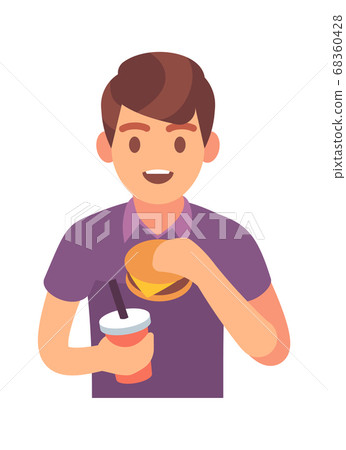Man eating fast food. Male character with hamburger and soda drink, lunch time with unhealthy snack promotion cafe and restaurant, flat vector isolated trendy illustration 68360428
