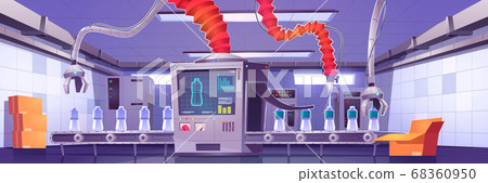 Factory conveyor belt with water bottles and robot Factory conveyor belt with water bottles and robot 68360950