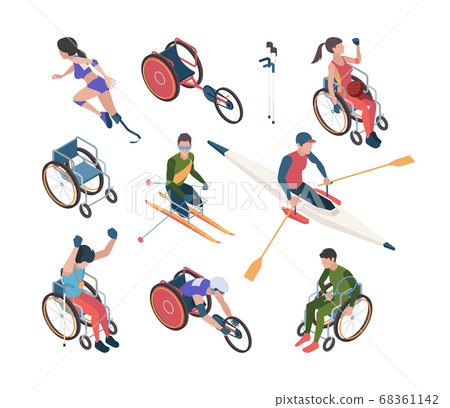 Paralympic games. Athletic disability persons in olympic sport celebration vector isometric characters Paralympic games. Athletic disability persons in olympic sport celebration vector isometric characters 68361142