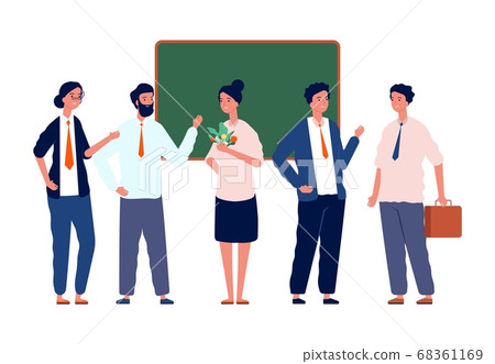 Teachers team. Back to school, professors crowd near blackboard. Team leaders or coachers, studying in college or university. Teacher Day vector illustration 68361169