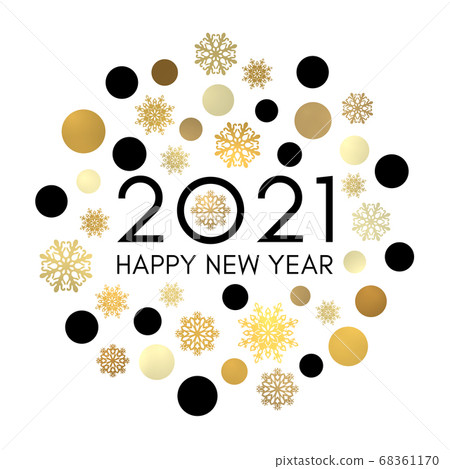 2021 Happy New Year greeting card design. Black celebration text in frame of gold circles and snowflakes. Holiday golden decoration on white background for flyer banner poster calendar. Bright vector. 68361170