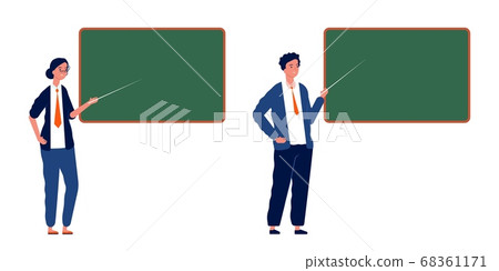 Teachers at blackboard. Male female professors, trainees in school or college. Studying process vector illustration 68361171