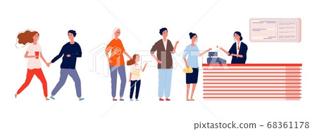 Long queue to cinema. People waiting line buying ticket to movie. Adults, teens and kids entertainment vector illustration Long queue to cinema. People waiting line buying ticket to movie. Adults, teens and kids entertainment vector illustration 68361178