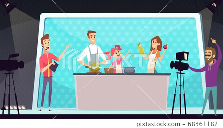 Family cooking show. TV entertainment, parents and child on kitchen. Shooting program with director vector illustration 68361182