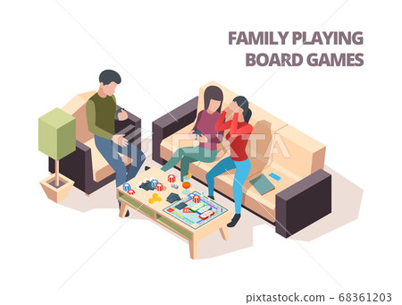 Family playing board game. Cards monopoly chess home leisure playing vector isometric happy people 68361203