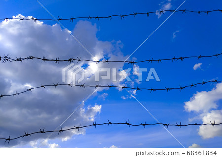 Barb wire fence and blue sky .Diagonal barbed wire and sky. Barb wire fence and blue sky .Diagonal barbed wire and sky. 68361834