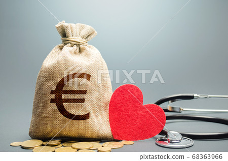 Euro money bag and stethoscope. Health life insurance and financing concept. Subsidies, investments. Funding healthcare system. Reforming and preparing for new challenges. Development, modernization. 68363966