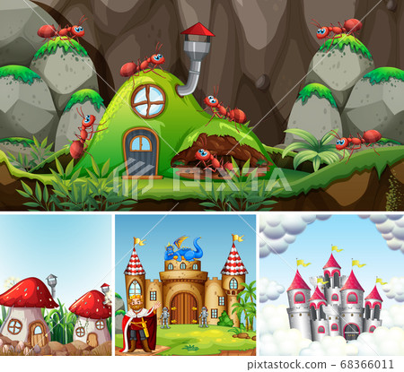 Four different scene of fantasy world with fantasy 68366011