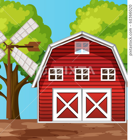 Farm scene in nature with barn and windmill Farm scene in nature with barn and windmill 68366020