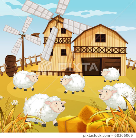 Farm scene in nature with barn and windmill and Farm scene in nature with barn and windmill and 68366069