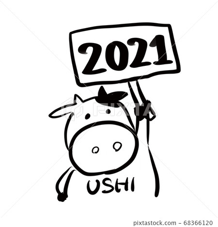 A line drawing of New Year's card material [Cow holding a plate for 2021] Illustration of cow for New Year 2021 68366120