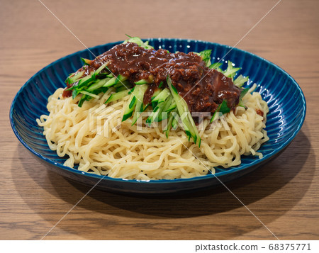 Jajamen noodles topped with cucumber and minced meat. 68375771