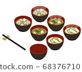 Isometric illustration set of miso soup with clams, tofu and leek 68376710