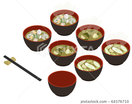 Isometric illustration set of miso soup with clams, tofu and leek 68376710
