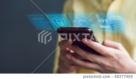 Technology concept with cyber security internet and networking, woman hand using smartphone. 68377408