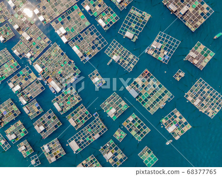 Lots of marine farms in a blue sea water. Sea farming concept 68377765