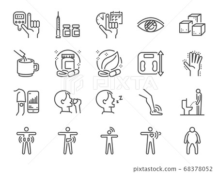 Diabetes line icon set. Included the icons as disease, sugar, fat, body, metabolic disease, insulin, medicine, health and more. Diabetes line icon set. Included the icons as disease, sugar, fat, body, metabolic disease, insulin, medicine, health and more. 68378052