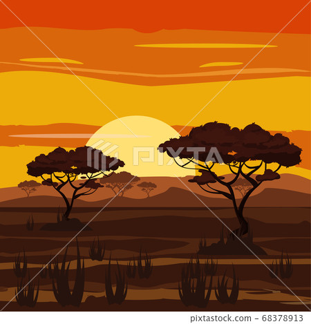 African landscape, sunset, savannah, nature, trees, wilderness, cartoon style, vector illustration 68378913
