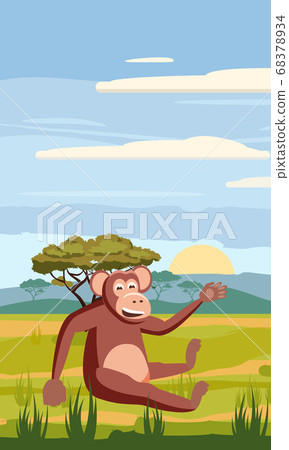Monkey on the background of the African landscape, savanna, Cartoon style Monkey on the background of the African landscape, savanna, Cartoon style 68378934