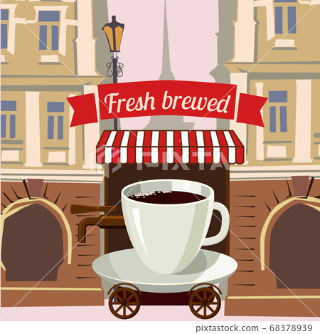 A cup of coffee stylized street cafe on wheels in the city, cartoon, vector illustration A cup of coffee stylized street cafe on wheels in the city, cartoon, vector illustration 68378939