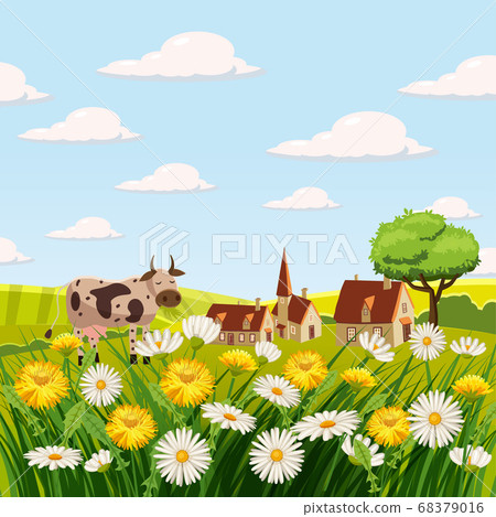 Fresh spring landscape, farm, cows, fields,...-插圖素材 [68379016] - PIXTA圖庫