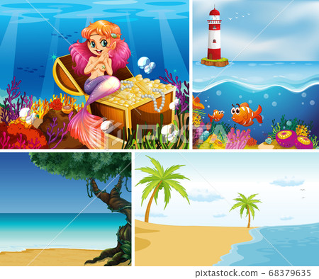 Four different scene of tropical beach and mermaid 68379635