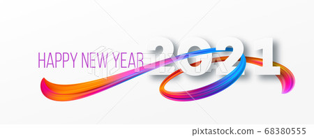Colorful Brushstroke paint lettering calligraphy of 2021 Happy New Year background. Color flow background. Vector illustration 68380555