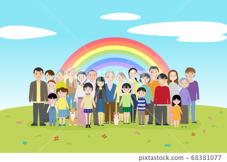 許多不同的家庭，肩並肩站在彩虹下 68381077