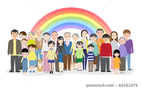 許多不同的家庭肩並肩站在彩虹2 68381079
