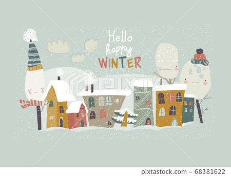Cute little town covered snow. Hello winter 68381622