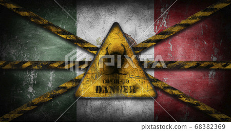 Coronavirus COVID-19 outbreak. Worn Yellow Biohazard, danger, warning sign over flag of Mexico Coronavirus COVID-19 outbreak. Worn Yellow Biohazard, danger, warning sign over flag of Mexico 68382369