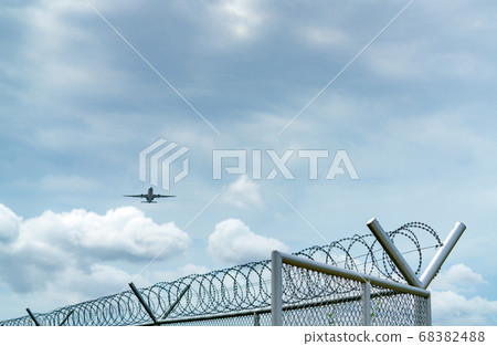Airplane flying on blue sky and white clouds above Airplane flying on blue sky and white clouds above 68382488