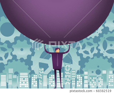 A man holding a big ball with gear background 68382519