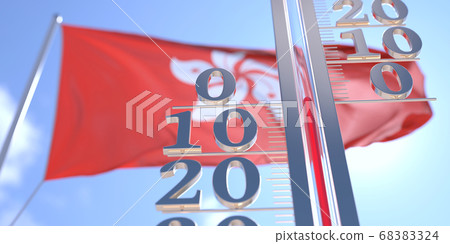 Thermometer shows 0 zero air temperature near waving flag of Hong Kong. Weather forecast conceptual 3D rendering Thermometer shows 0 zero air temperature near waving flag of Hong Kong. Weather forecast conceptual 3D rendering 68383324
