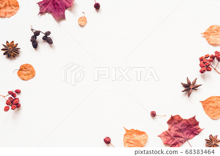 Autumn background made of leaves, berries and cones. Autumn background made of leaves, berries and cones. 68383464