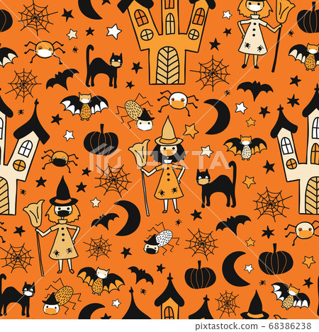 Halloween 2020 Coronavirus kids vector pattern. Witch, cat, spiders, bats wearing face masks 68386238