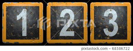 Public road sign orange and black color with a set of numbers 1, 2, 3 in the center isolated on black background. 3d Public road sign orange and black color with a set of numbers 1, 2, 3 in the center isolated on black background. 3d 68386722