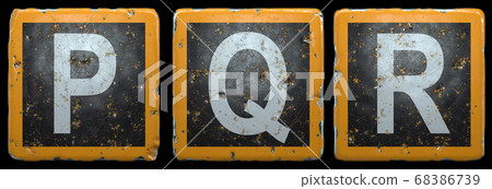 Public road sign orange and black color with a capital set of letters P, Q, R in the center isolated on black background. 3d 68386739